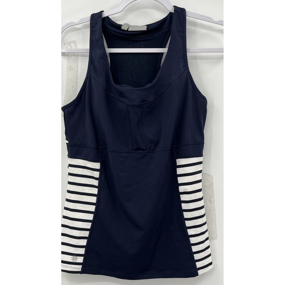 Athleta Hyper Stripe PR2 Activewear Tank Top Racerback Pocket Blue White Women L